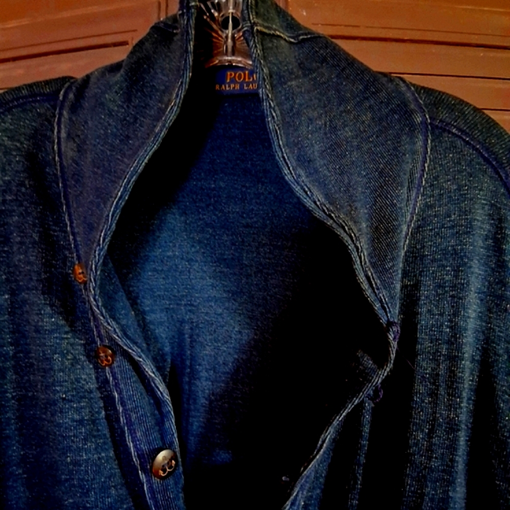RALPH LAUREN FISHERMAN COTTON INDIGO SWEATER LARGE. CARDIGAN